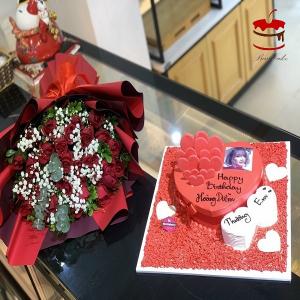 Combo Hoa Gói Giấy Đỏ Sang Trọng Và Bánh Kem Trái Tim - AK22