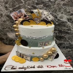 Bánh Kem 2 Tầng Decor Tiền Đô Chai Rượu In Ảnh - NA58