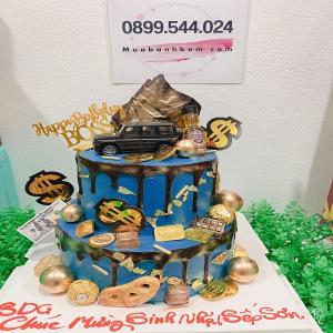 Bánh Kem 2 Tầng Decor Xe Hơi Tone Xanh - MB88