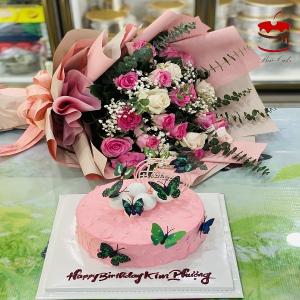 Combo Bánh Kem Tone Hồng Và Hoa Tươi - AK24