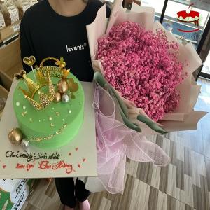 Combo Bánh Kem Vương Miện Và Bó Hoa Bi Hồng Đậm To - AK21